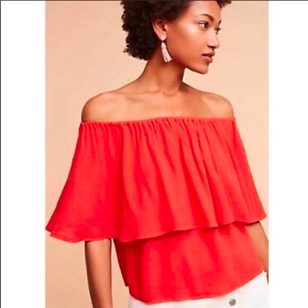 Anthropologie Holding Horses Maya Red Off-Shoulder Flutter Top
